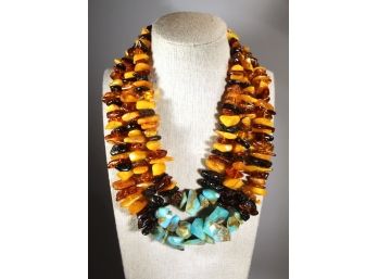 Fine Multi Strand Genuine Amber And Turquoise Sterling Silver Necklace