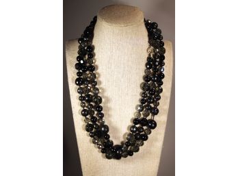 Fine Black And Smoky Colored Glass Crystal Bead Necklace 60' Long