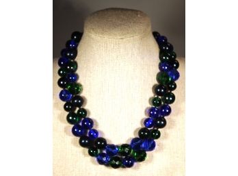 Vintage Choker Length Green And Blue Crystal Glass Beaded Double Strand Necklace