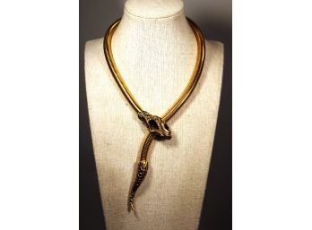 1980s Gold Tone Snake Necklace Having Black Glass Stones