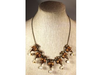 Fine 1980s Gold Tone Rhinestone And Faux Pearl Necklace By NOIR