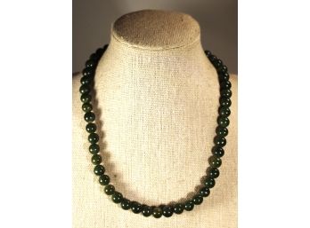 Fine Genuine Spinach Jade Beaded Necklace Having Barrel Clasp 16'