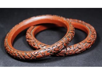 Pair Vintage Chinese Hand Carved Darker Colored Bangle Bracelets