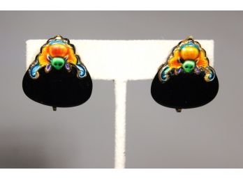 Designer Black Plastic And Chinese Enamel Bats Screw Back Earrings