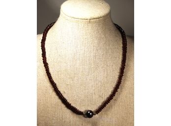 Vintage Bohemian Garnet Beaded Necklace Having Large Dark Pearl