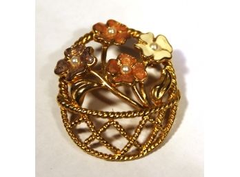 Signed Marvella Gold Tone Enamel Faux Pearl Basket Of Flowers Brooch