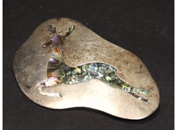 Large Mexican Sterling Silver Shell Inlay Deer Brooch