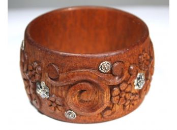 SUPOER FINE Hand Carved Wood Wide Cuff Bracelet Having Silver Rosettes