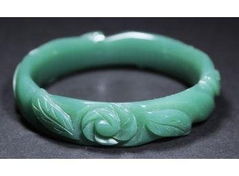 Vintage Hand Carved Jade Colored Bakelite Plastic Bangle Bracelet