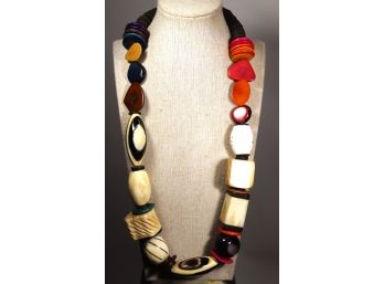 AWESOME 80s Large Chunky Beaded Necklace Bone And Wood 24' Long