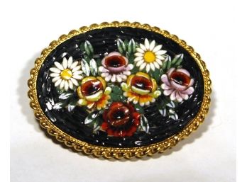 Super Fine Vintage Italian Micro Mosaic Brooch Flowers Gold Tone Frame