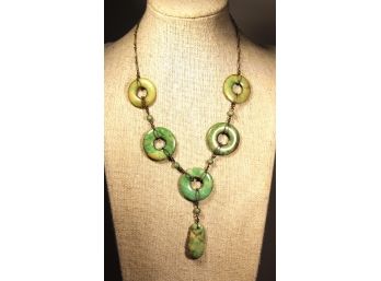 Antique Art Deco Chinese Jade Necklace Circular Rings And Drop Pendant Sterling Silver