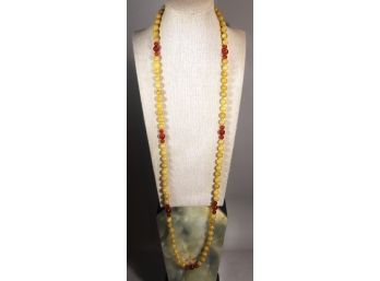 34' Yellow Jade And Carnelian Chinese Beaded Necklace