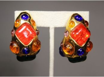 1980s Large Dominique Auientis Gold Tone Earrings Bejeweled