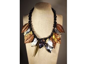 Designer Plastic Beaded Necklace Gilt Metallic Leaves