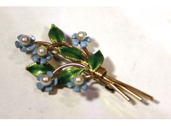 Signed Krementz Gold Filled Brooch Having Enamel And Pearls