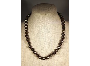 Dark Colored Cultured Pearl Necklace Strung On Leather