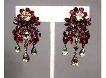 Pair Very Fine Vintage Prong Set Red Rhinestone Clip Earrings (missing One Stone)