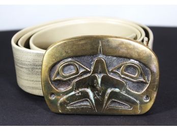 North West Coast Native American Alaskan Brass Belt Buckle On 32' Leather Belt