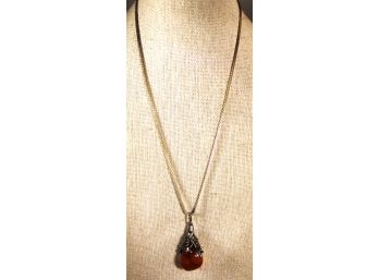 Sterling Silver Chain And Genuine Amber And Sterling Silver Pendant