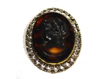 Vintage 1960s Large Glass Cameo Brooch In Gold Tone