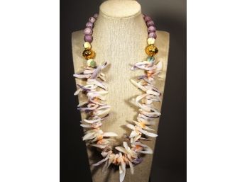 AWESOME 1980s Colorful Shell Necklace Having Purple Coral Beads