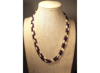 Fine Single Strand 36' Long Genuine Amethyst And Fresh Water Pearl Beaded Necklace