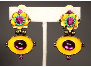 Pair Signed Franck Herval French Enamel And Bejeweled Earrings Ear Clips