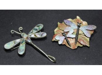 Two Vintage Enamel & Abalone Shell Dragonfly Brooches