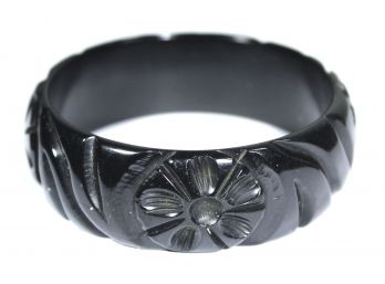 Vintage Hand Carved Bakelite Black Plastic Bangle Bracelet Having Floral Decoration