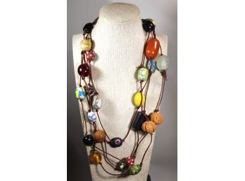 Designer Multi Beaded Necklace Amber, Art Glass, Nuts, Wood, Etc.