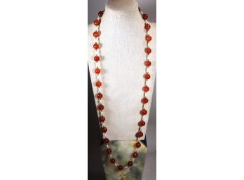 Fine 32' Long Carnelian Stone And Genuine Pearl Beaded Necklace