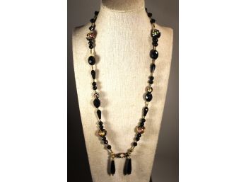 Antique Venetian Art Glass Wedding Cake Black Beaded Necklace 22' Long