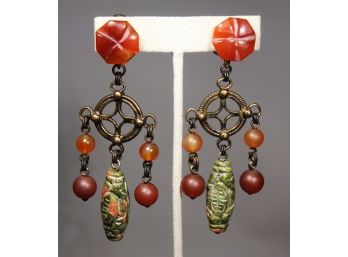 Pair 1980s Fine Copper Tone Carnelian And Jasper Carved Stone Ear Pendants Clips