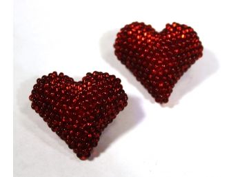 Pair Red Heart Formed Small Glass Beaded Scatter Pins