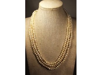 Fine Triple Strand Genuine Cultured Pearl 14K Gold Clasp Necklace