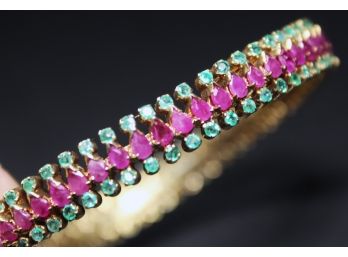 Vintage India Indian Gold Over Silver Bangle Bracelet Genuine Emeralds & Ruby Stones