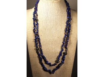 Fine Genuine Lapis, Sterling Silver And Cultured Pearl Necklace 40' Long