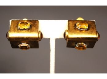 Very Interesting 1980s Bejeweled Gold Tone Geometric Earrings Ear Clips