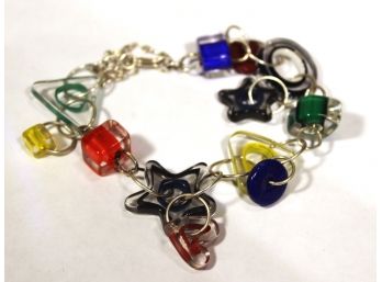 1980s Art Glass And Sterling Silver Charm Bracelet