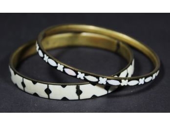 Two Vintage Ebony And Bone Inlay Brass Bangle Bracelets GREAT Quality