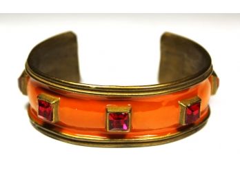 Designer 80s Enamel And Bejeweled Brass Cuff Bracelet In Orange And Pink