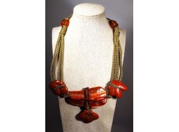 Fine Red Stone Or Coral Carved Necklace Having Large Abalone Shell Desginer