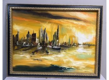 Oil On Canvas Impressionist Harbor Scape