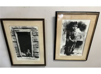 Two Framed Black And White Watercolors Signed Sandra Liberman