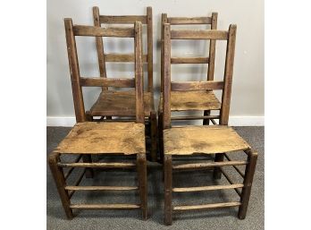 Four Early, Early Wooden Seat Side Chairs