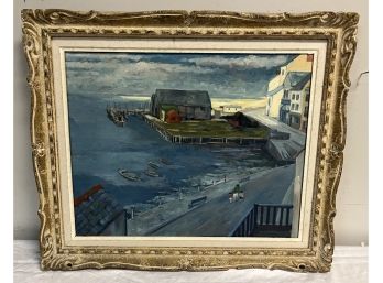 Framed Oil On Canvas Coastal Harbor