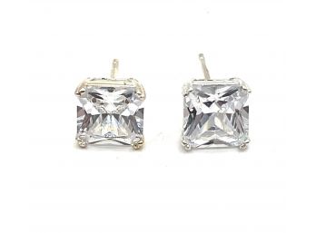 Sterling Silver Large Square Clear Stone Stud Earrings