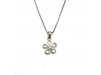 Vintage Sterling Silver Chain And Flower With Clear Stone Pendant Necklace