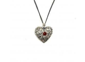 Vintage AGEM Sterling Silver Chain With Ornate Red Stone Heart Pendant